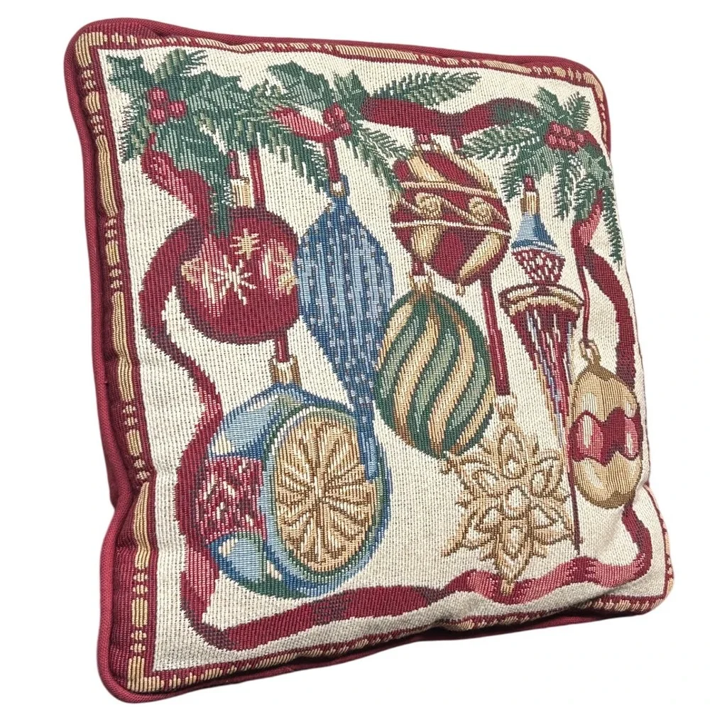 Christmas House Tapestry Throw Pillow Ornaments Holiday Decor Red Green Gold Vtg